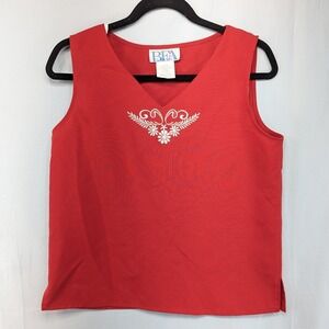 BFA Classics Red Embroidered V Neck Sleeveless Top‎ Size 10P Polyester